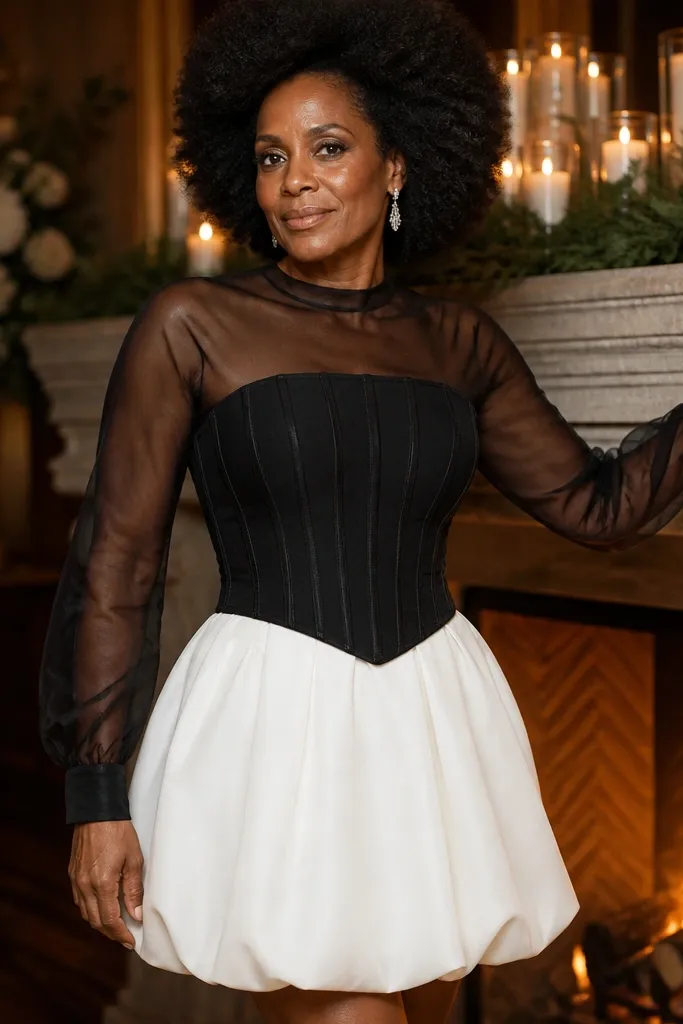 White bubble skirt with a black corset top and sheer long sleeves