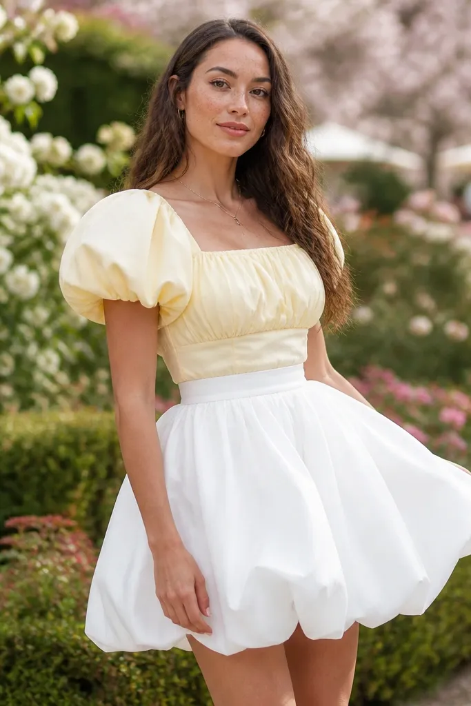 Pastel yellow puff sleeve top with a white bubble skirt and nude heels