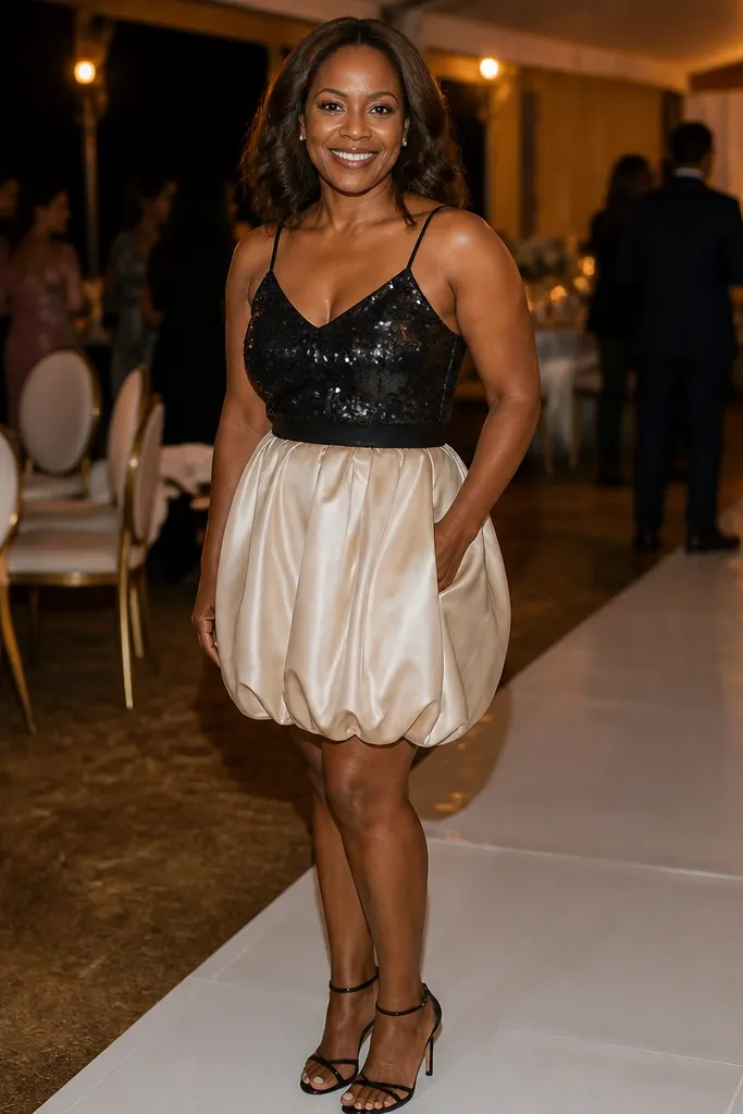 Black and silver sequin camisole with a champagne bubble skirt and black heels