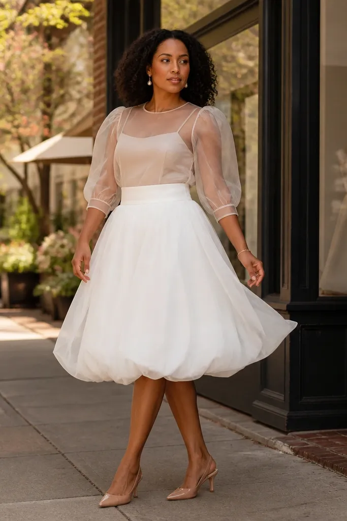 White bubble skirt with a sheer organza puff blouse and nude heels
