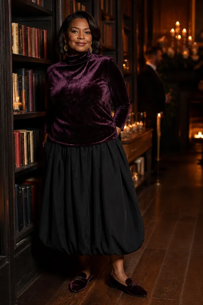 Plum velvet mock neck top with a black bubble skirt and velvet loafers