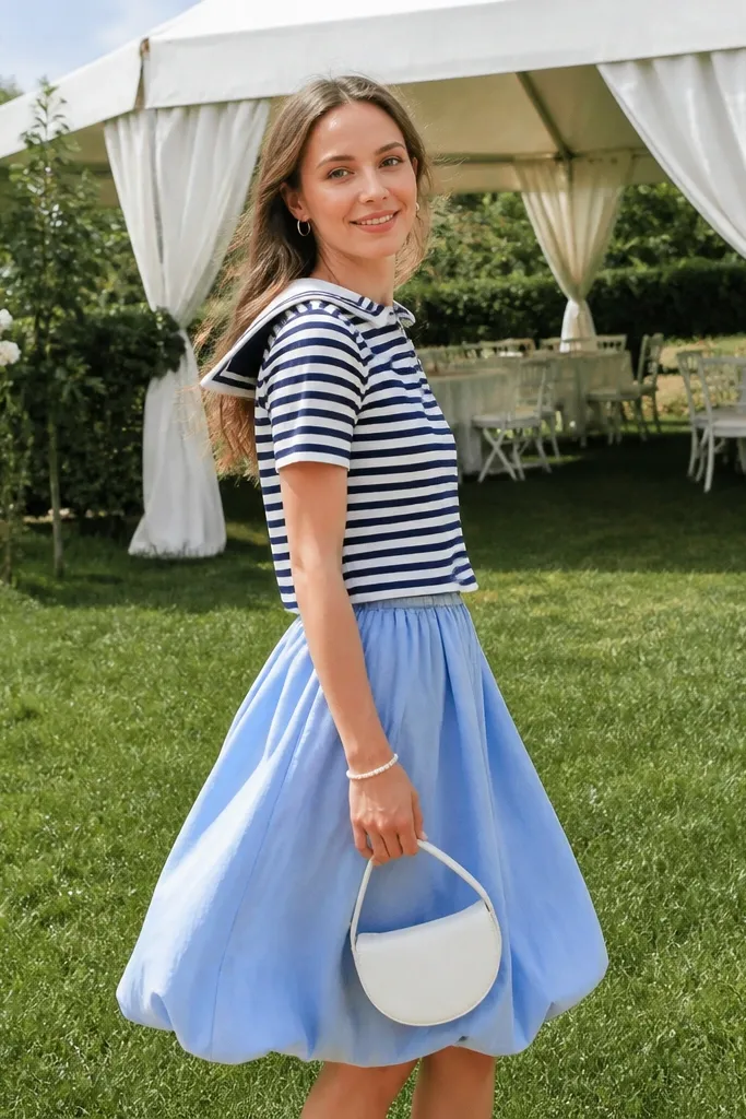 Navy and white sailor top with light blue bubble skirt and white sandals