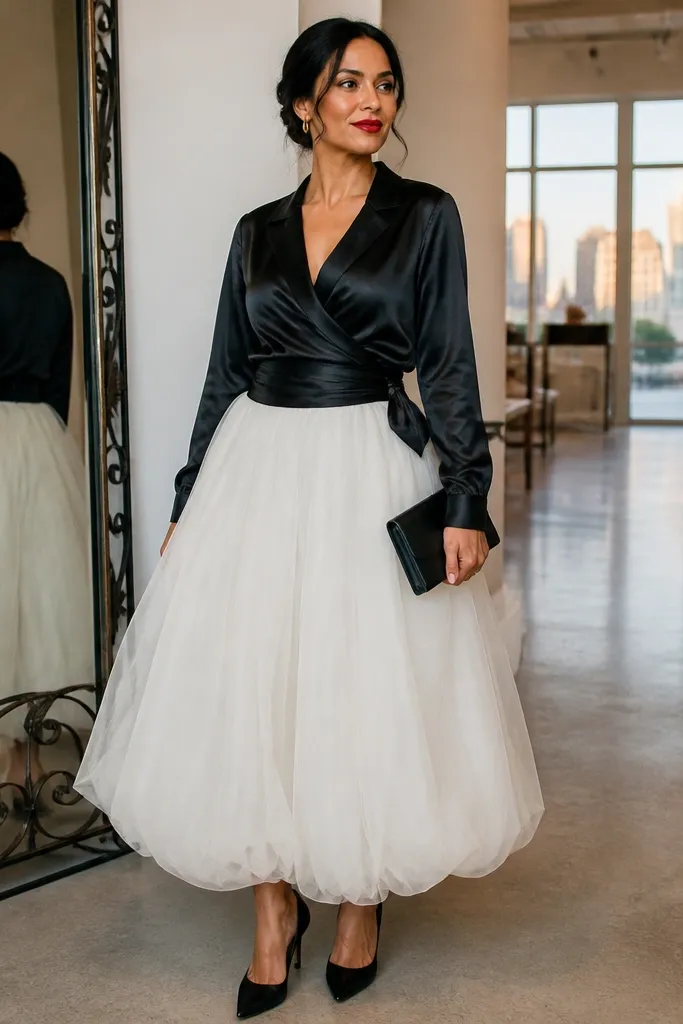 White bubble skirt with black satin wrap blouse and red lipstick look