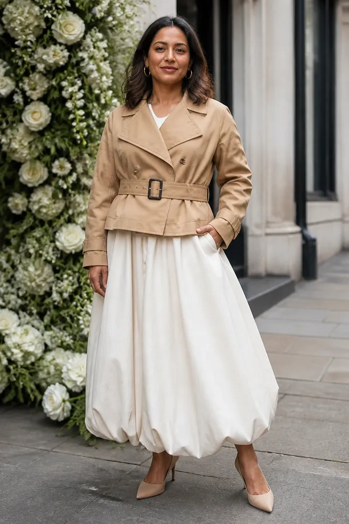 Camel cropped trench-inspired coat over a cream bubble skirt with tan heels