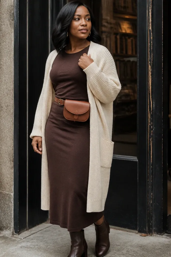 Chocolate brown midi dress with an oatmeal knit cardigan, tan tights, and brown ankle boots