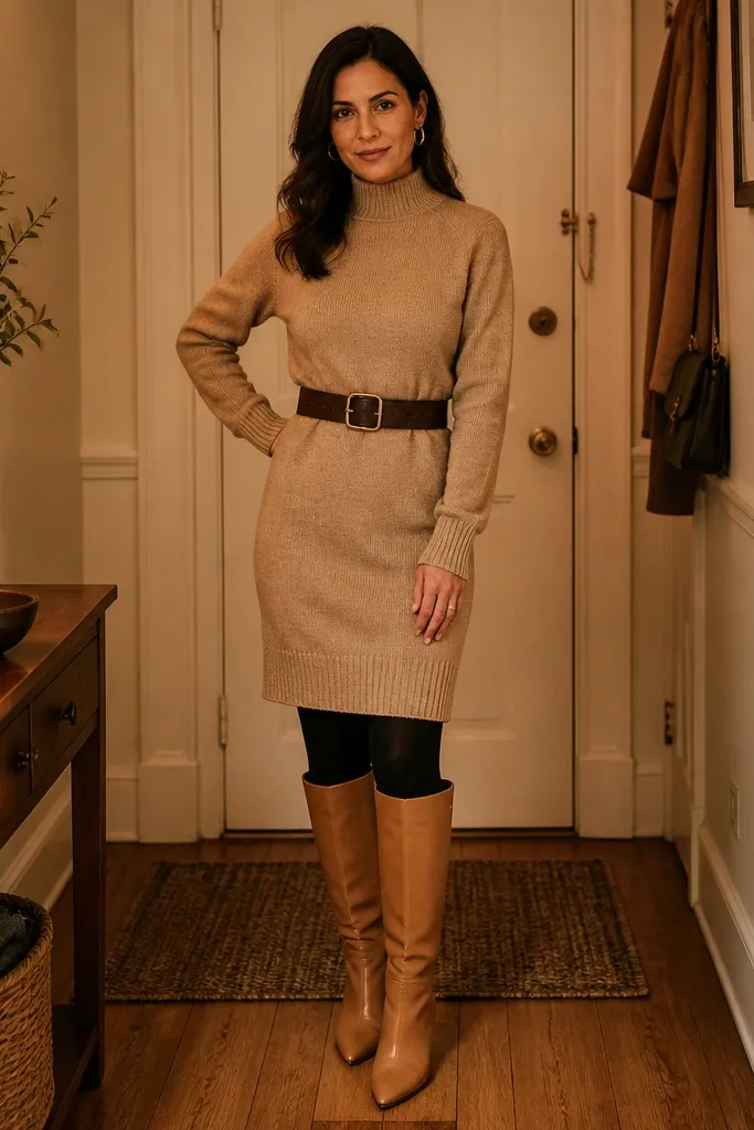 Camel sweater dress with a dark brown belt, dark brown boots, and a cream scarf