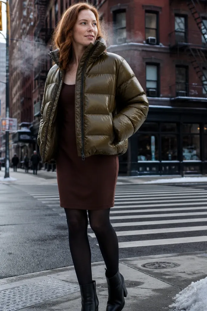 Espresso brown slip dress with an olive puffer jacket, black tights, and brown lace-up boots