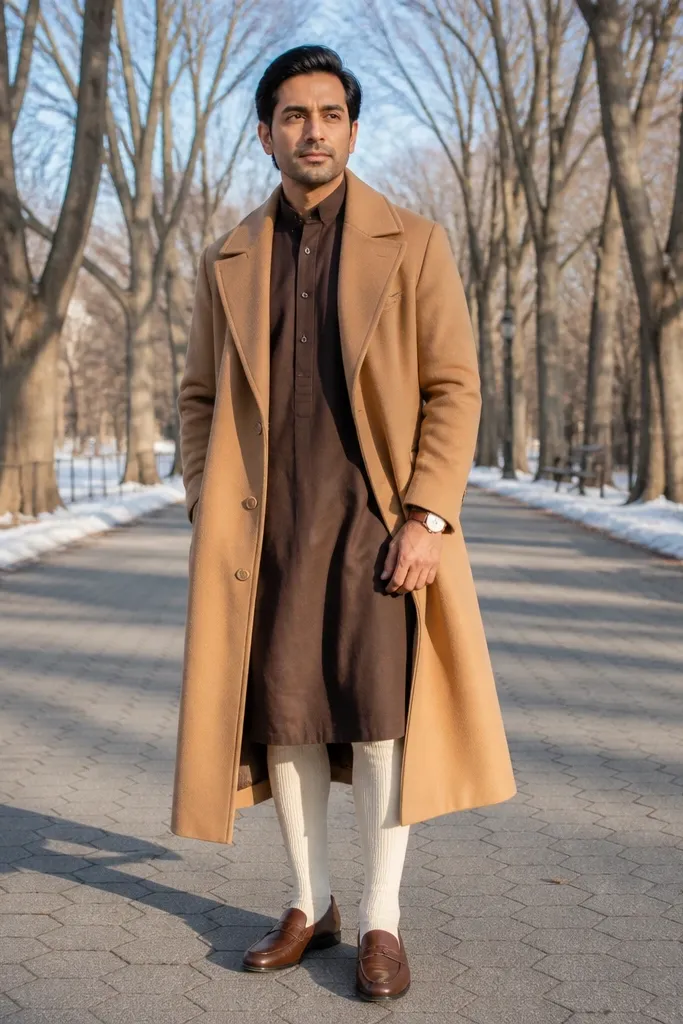 Dark brown shirt dress under a camel long coat with cream tights and brown riding boots