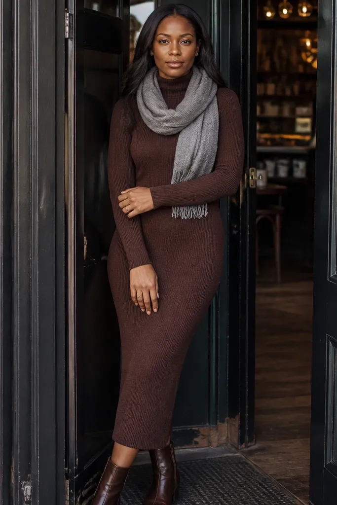 Chocolate brown turtleneck dress with a light gray wool scarf and dark brown ankle boots