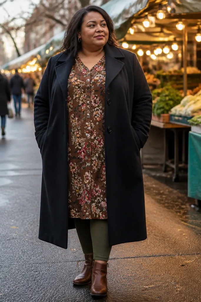 Brown floral dress with olive leggings, brown ankle boots, and a tan knit beanie