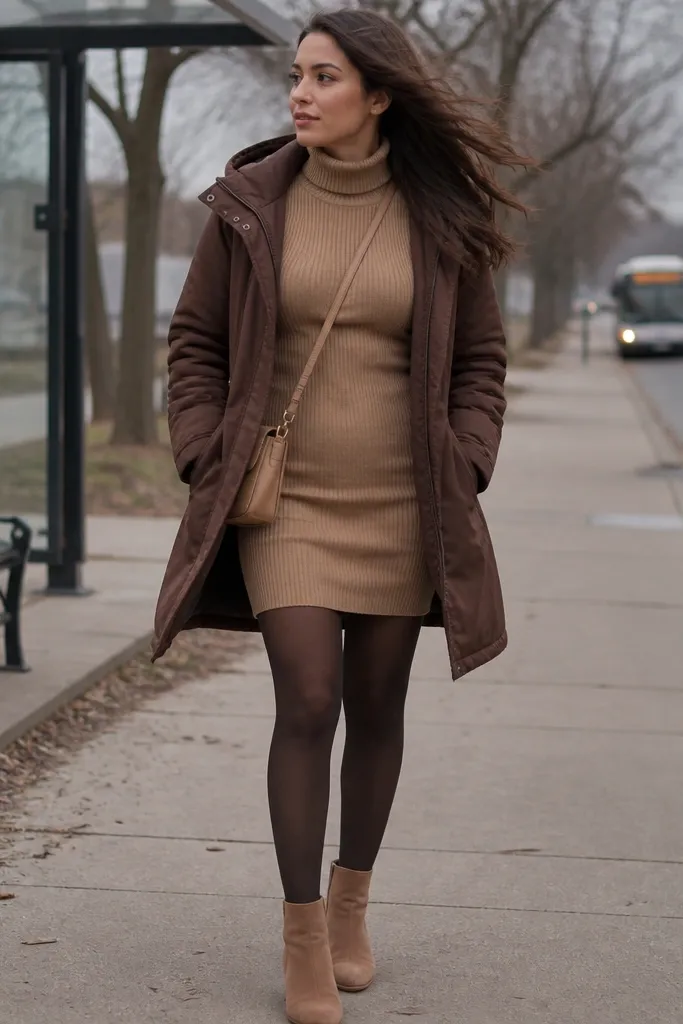 Tan ribbed dress with a chocolate parka, brown tights, and tan lace-up boots