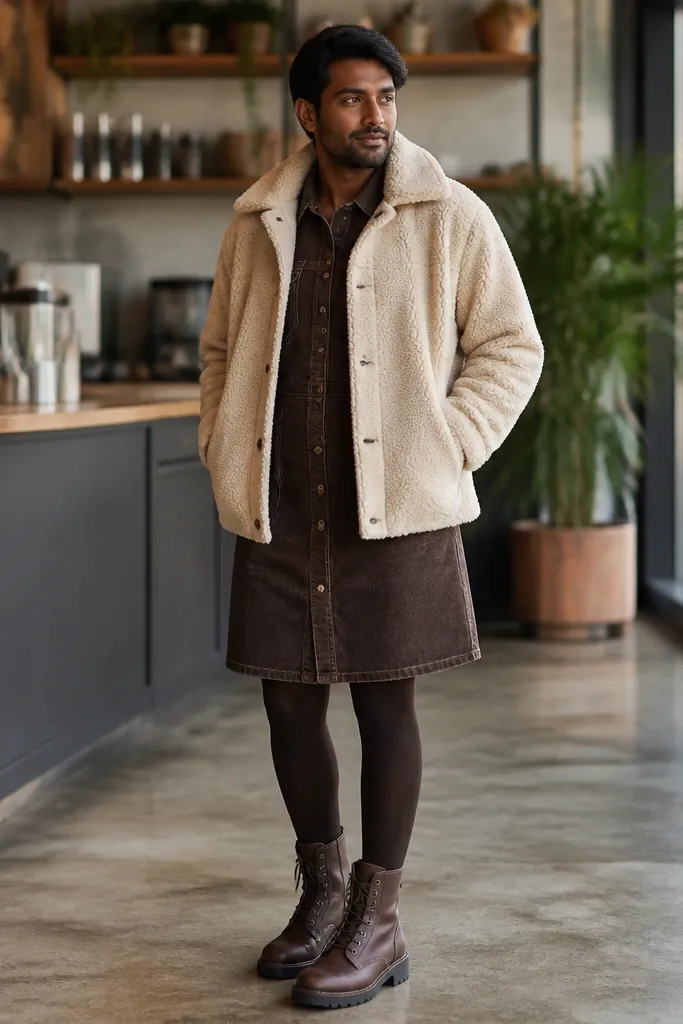 Espresso brown denim dress with a cream sherpa jacket, dark tights, and brown combat boots