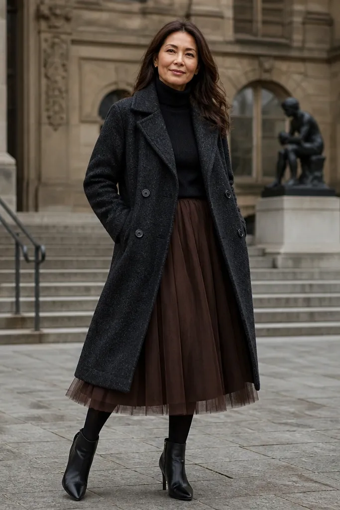 Brown tulle midi dress under a charcoal wool overcoat with opaque black tights and black ankle boots