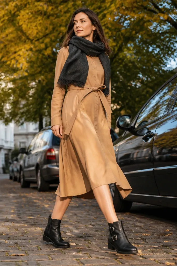 Camel shirt dress with a tied waist, black belt, black moto ankle boots, and a dark scarf