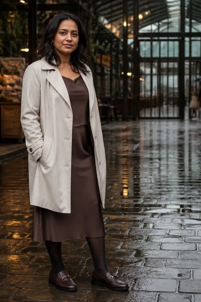 Mocha brown slip dress with a cream trench coat, dark tights, and brown loafers