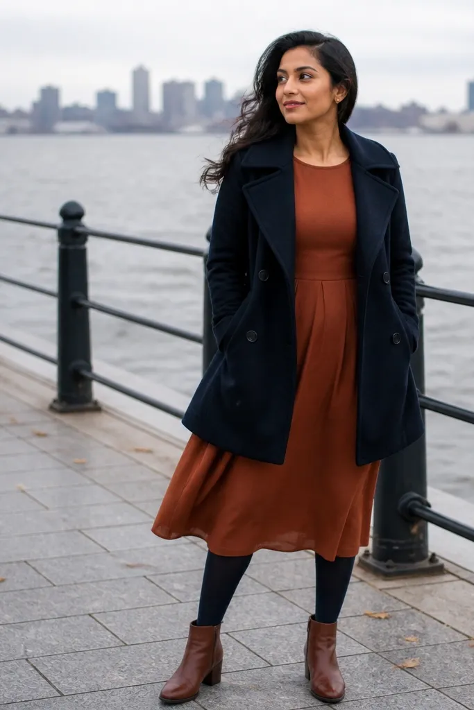 Cinnamon brown midi dress with a navy peacoat, navy tights, and brown ankle boots