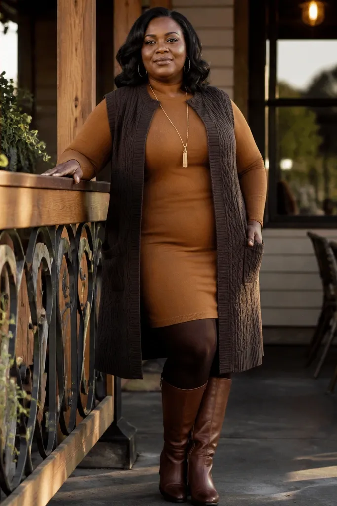 Caramel brown bodycon dress with a longline wool vest, dark tights, and brown knee boots