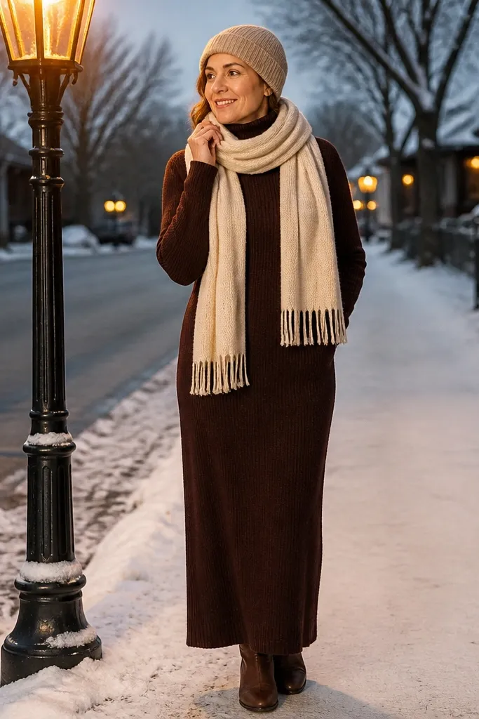 Chocolate brown turtleneck maxi dress with a camel beanie, cream scarf, and brown boots