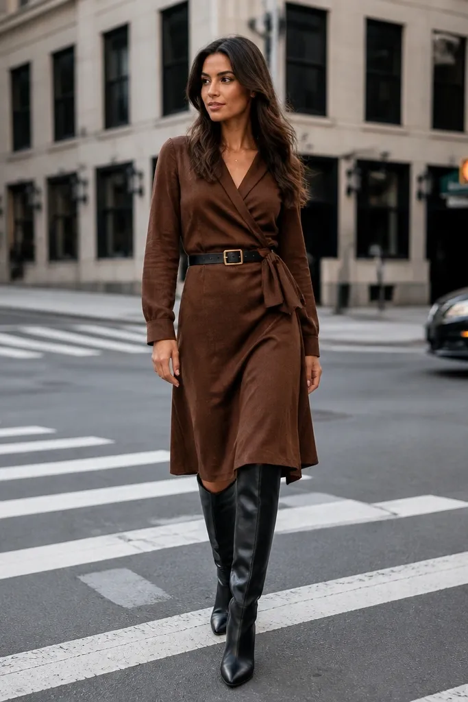 Brown wrap midi dress with black over-knee boots, black belt, and a gray knit hat