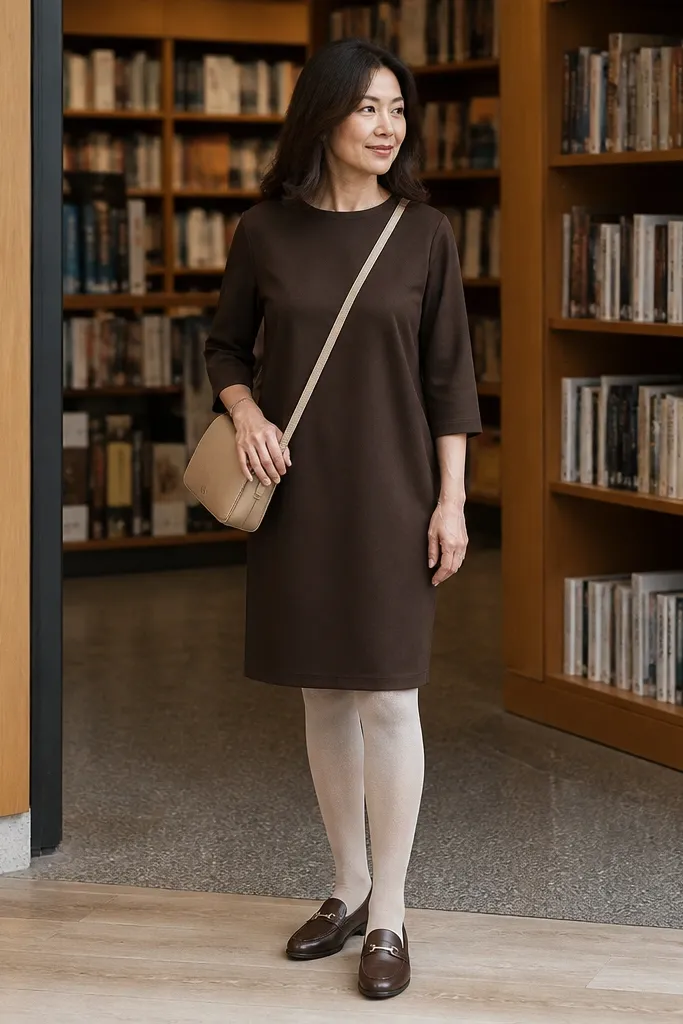Cocoa brown shift dress with oat tights, brown loafers, and a tan crossbody