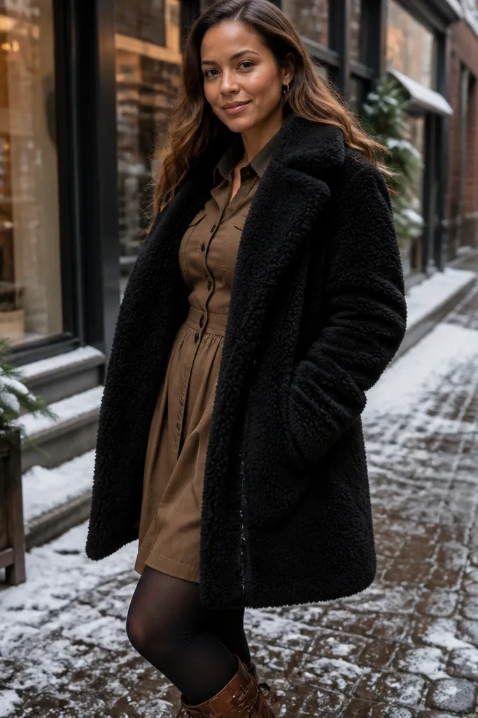 Light brown button-front dress with a black shearling-look coat, black tights, and brown lace-up boots
