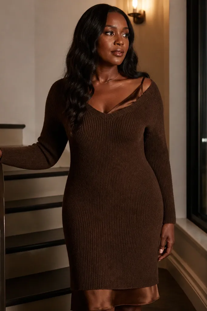 Brown satin slip layered under a knit crew dress, cream scarf, and brown Chelsea boots
