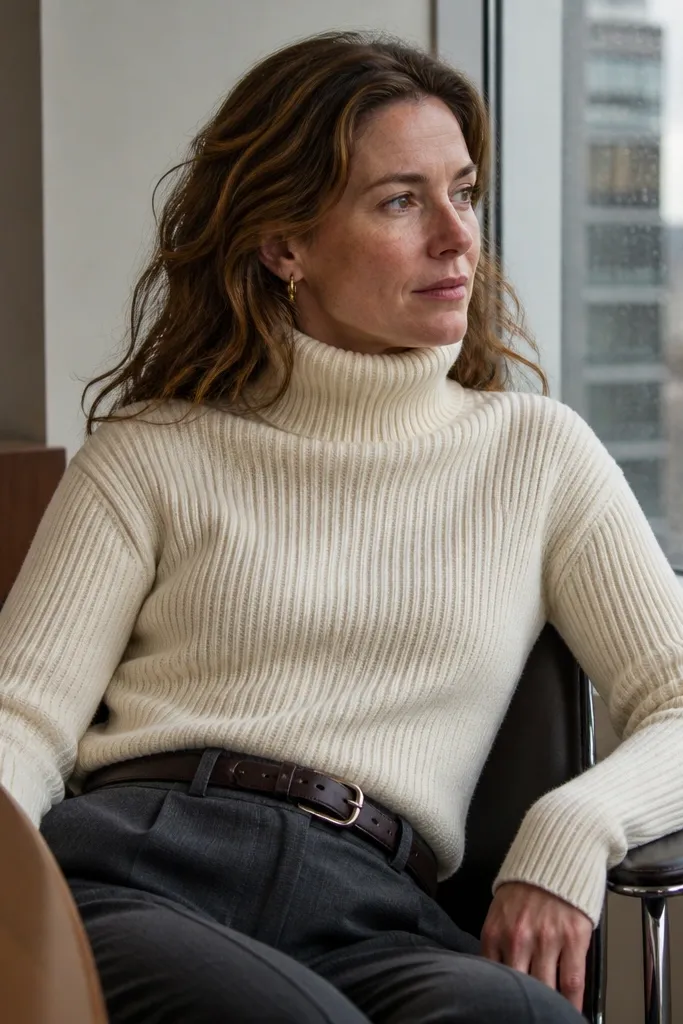 Ivory turtleneck sweater with charcoal wool trousers and an espresso leather belt