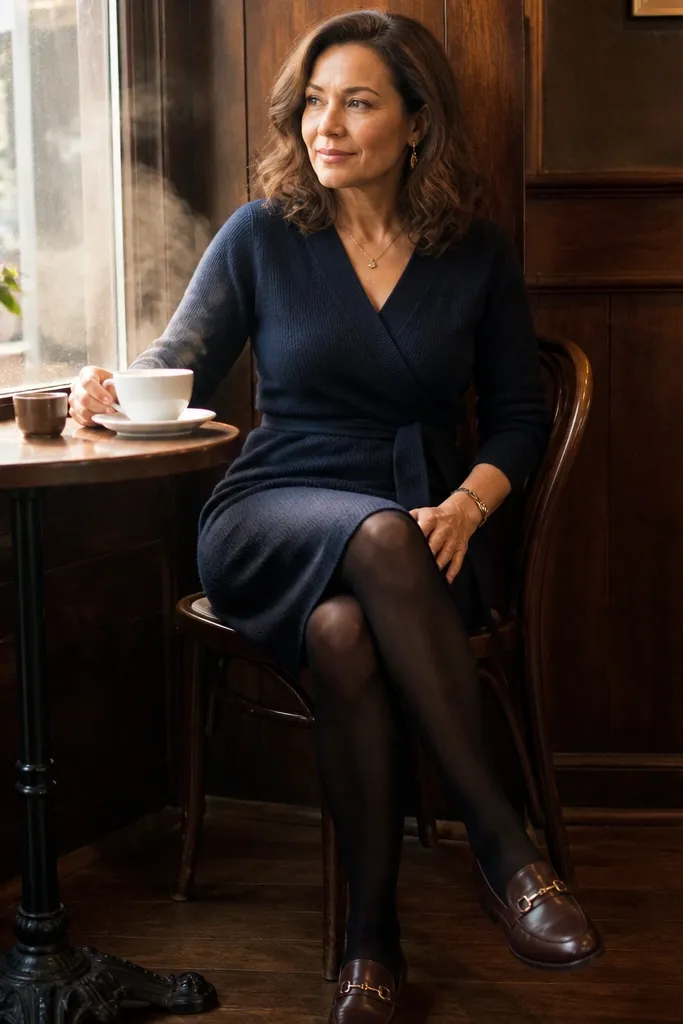 Navy wrap sweater dress with dark tights and leather loafers