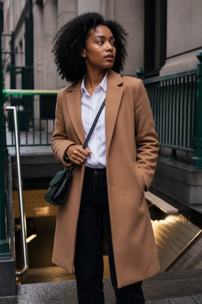 White button-down shirt with black straight jeans under a camel wool coat