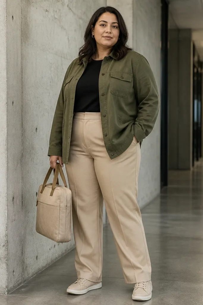 Olive utility jacket with beige trousers and clean white sneakers