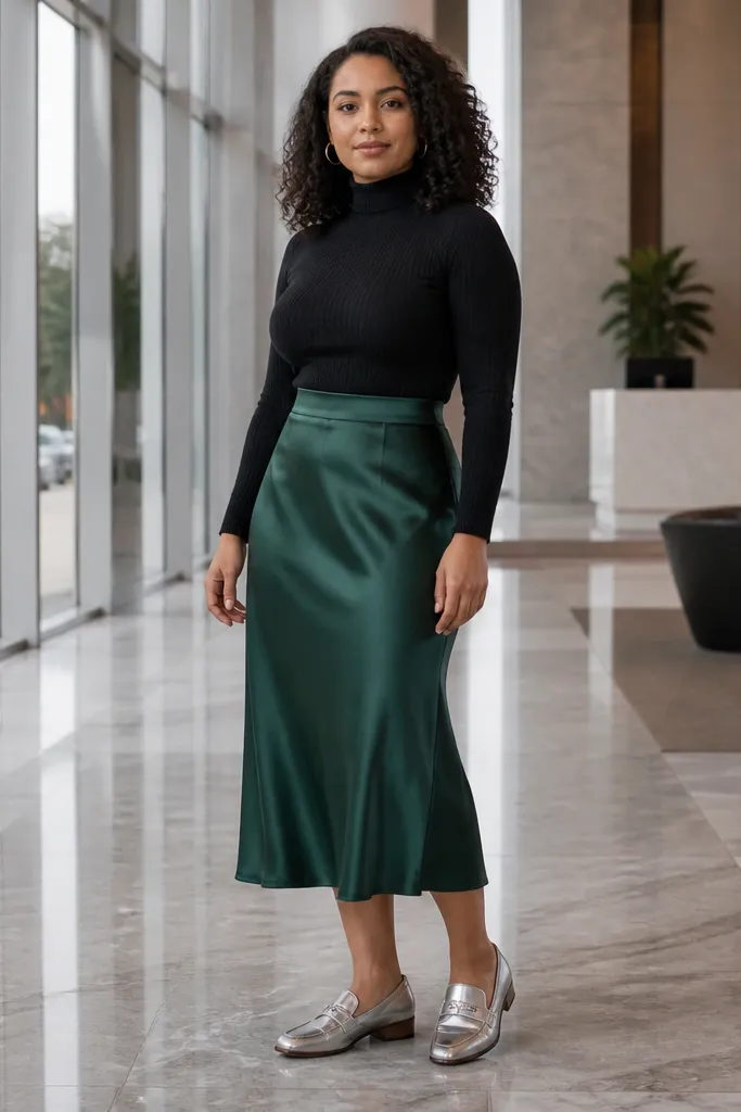 Forest green satin midi skirt with a black turtleneck and silver loafers