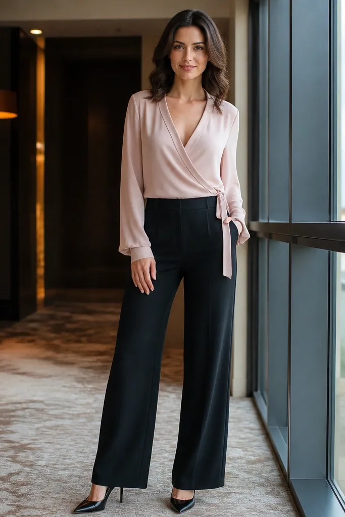 Blush wrap blouse with black wide-leg pants and black pumps