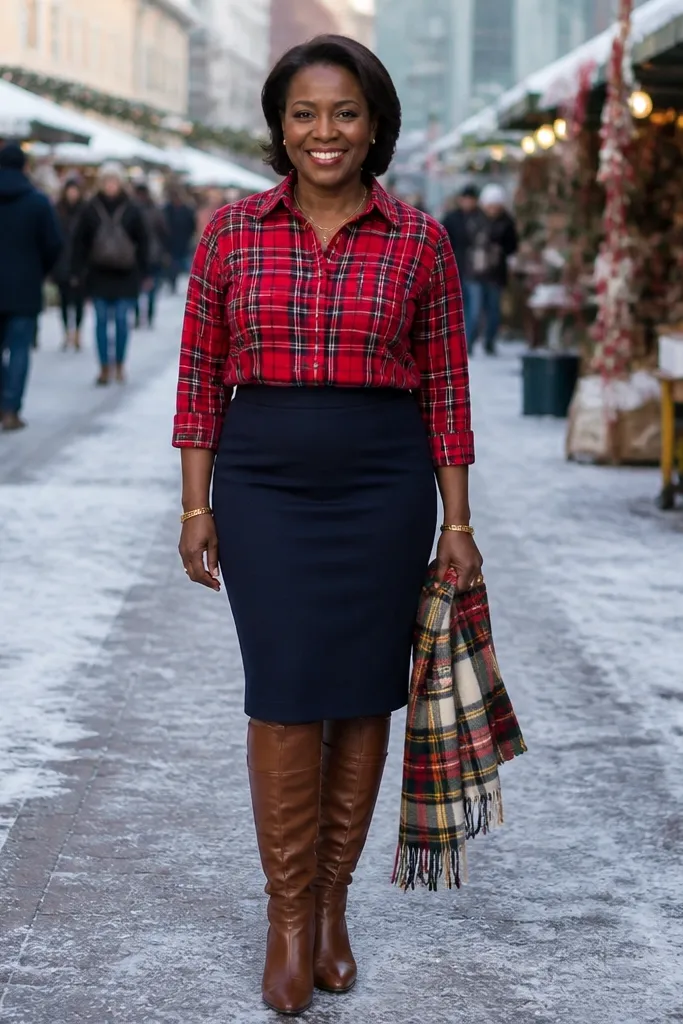 Red plaid button-down tucked into a navy pencil skirt with brown knee boots