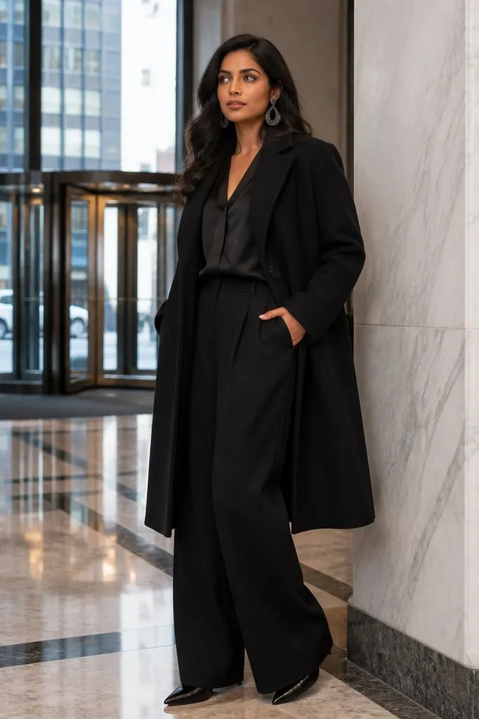 All-black suit with a longline coat and statement earrings