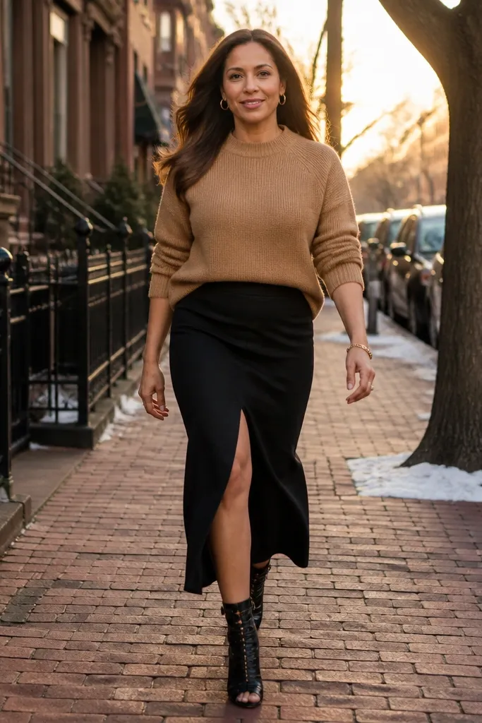 Camel sweater with a black midi skirt with a slit and black strappy boots