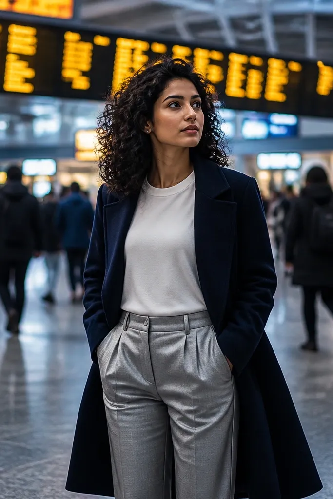 Silver-grey trousers with a white crewneck sweater and a dark overcoat