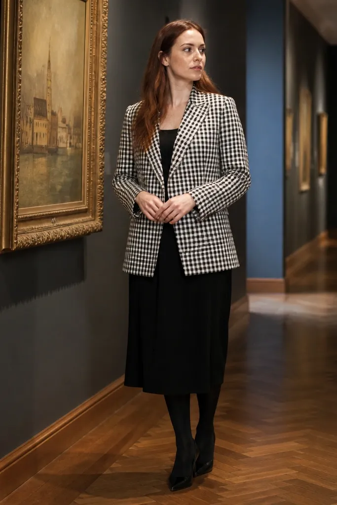 Checked blazer over a black midi dress with black tights