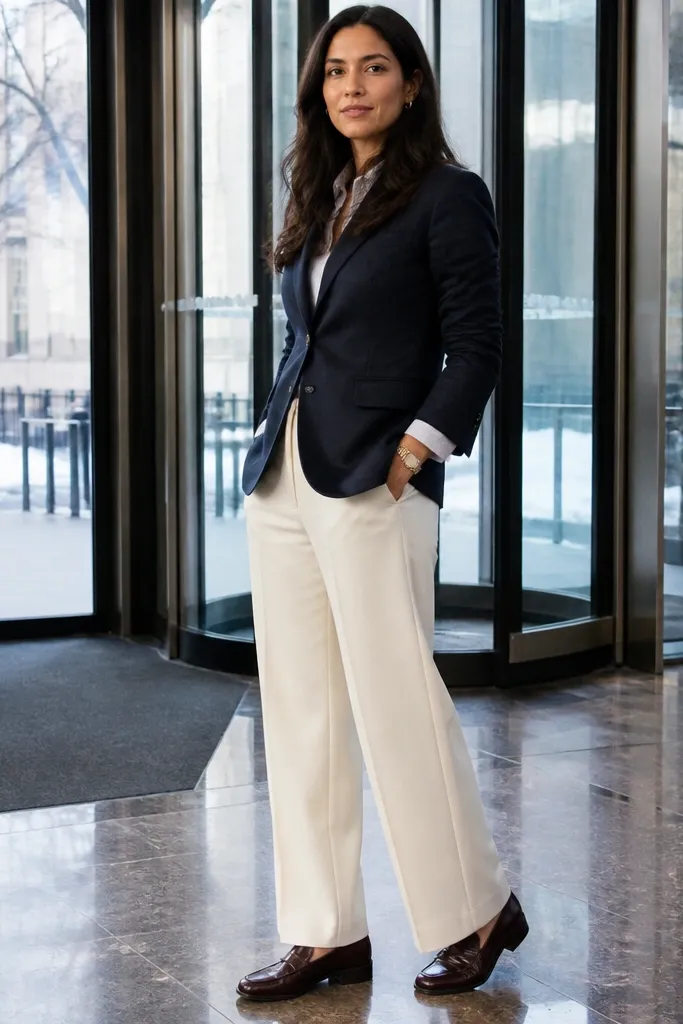 Navy blazer with white trousers and oxblood loafers