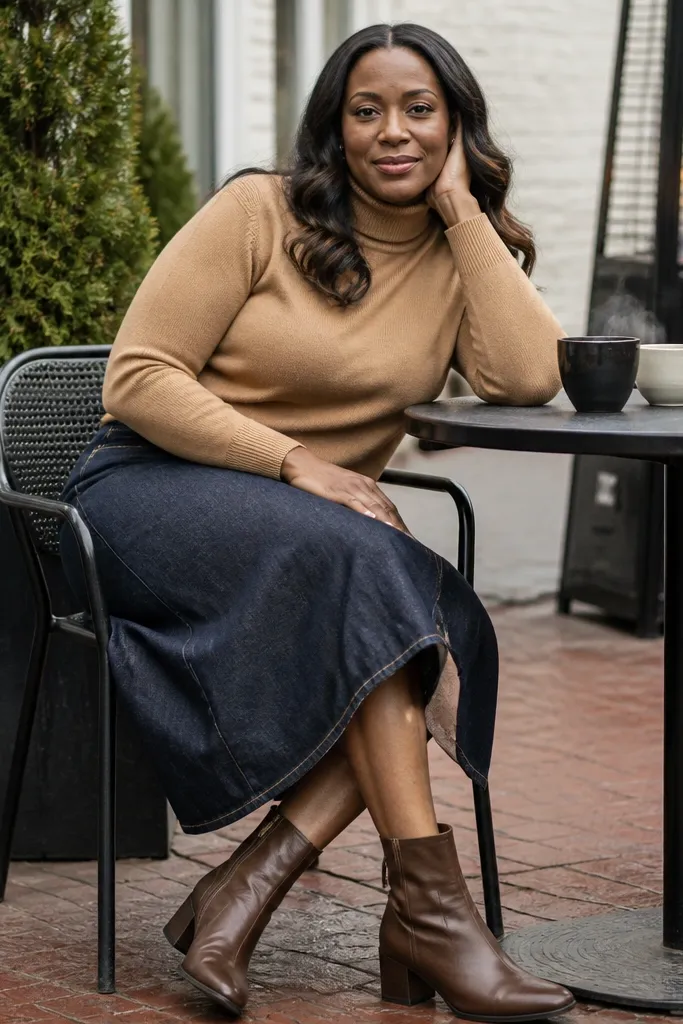 Camel turtleneck with a dark denim midi skirt and brown ankle boots