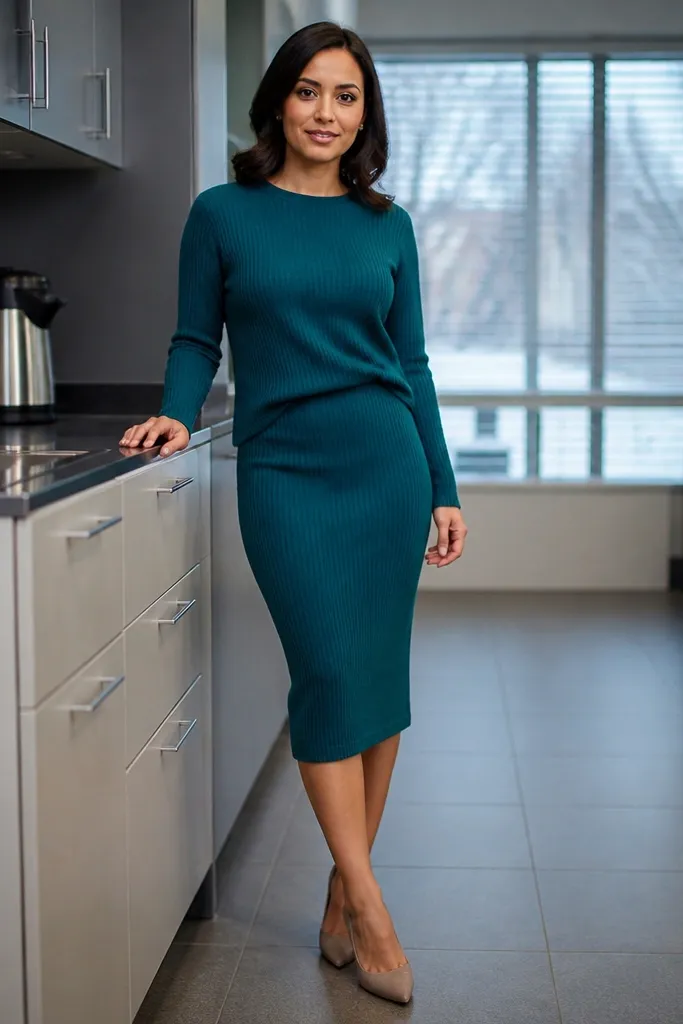 Teal knit top with a matching pencil skirt and neutral pumps