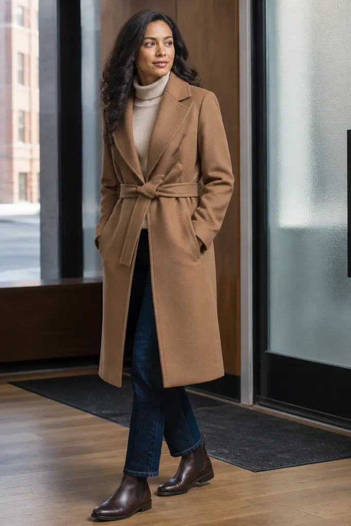 Cream turtleneck with dark straight-leg jeans, camel coat, brown Chelsea boots