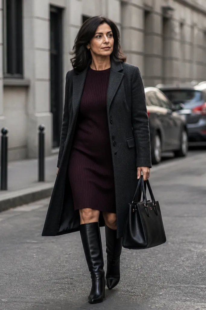 Burgundy knit dress with long wool coat and black knee-high boots