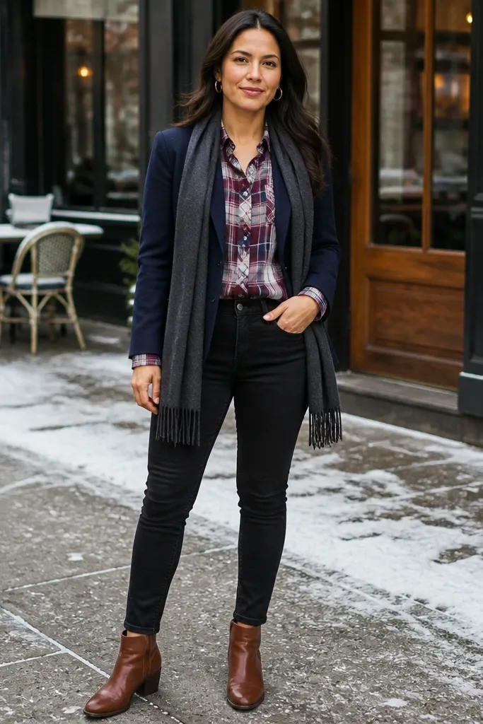 Navy blazer over plaid shirt with black jeans and dark ankle boots
