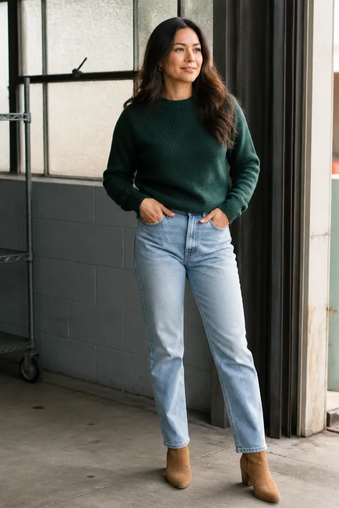Forest green sweater with light wash jeans and tan suede boots