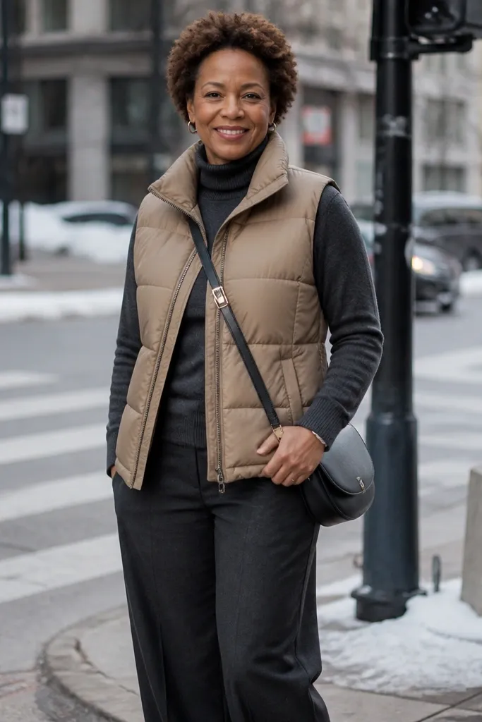 Charcoal turtleneck under camel vest with straight trousers and loafers