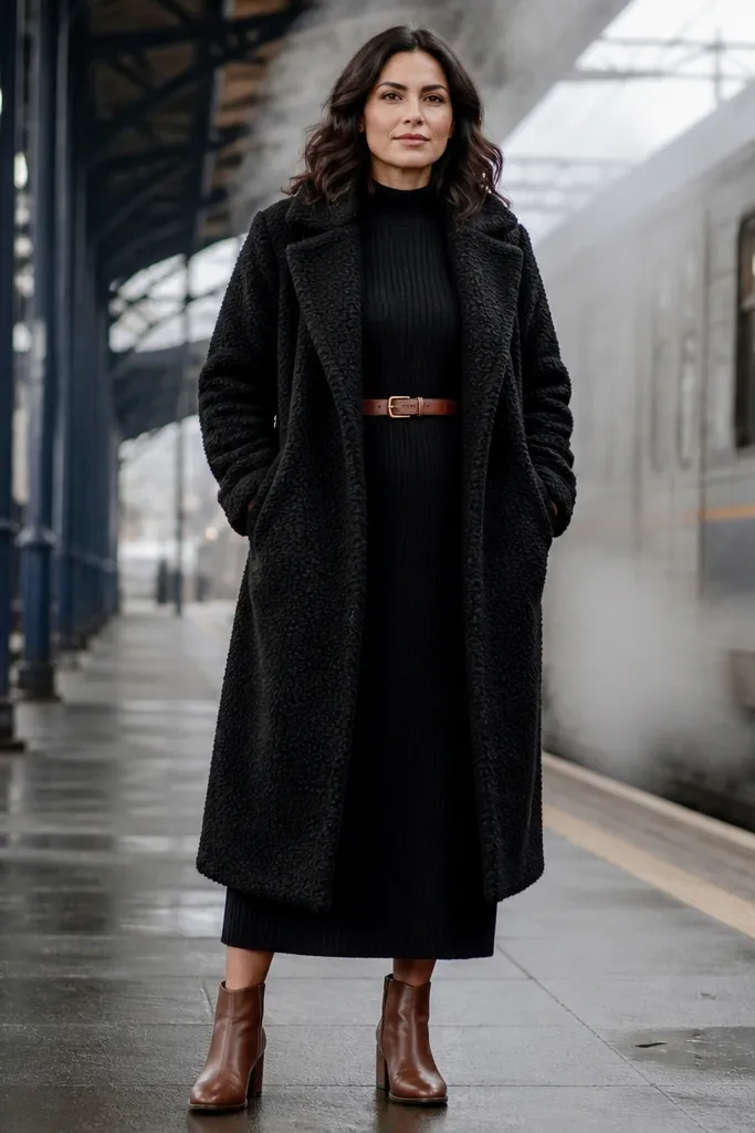 Black midi dress with brown belt and teddy coat with brown boots