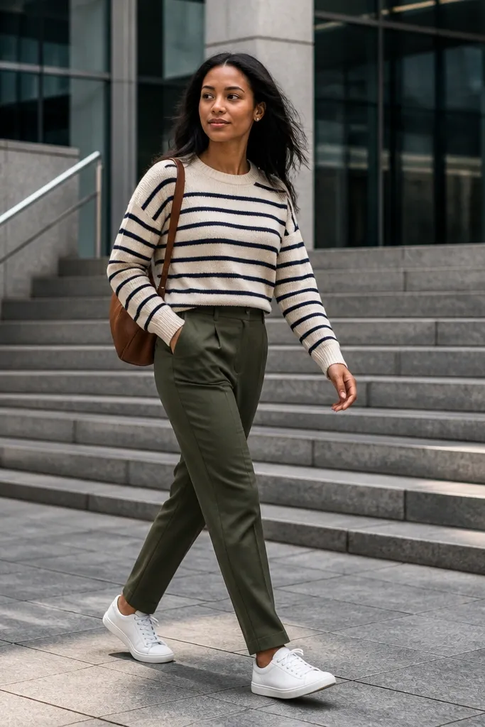 Striped knit sweater with olive trousers and clean white sneakers