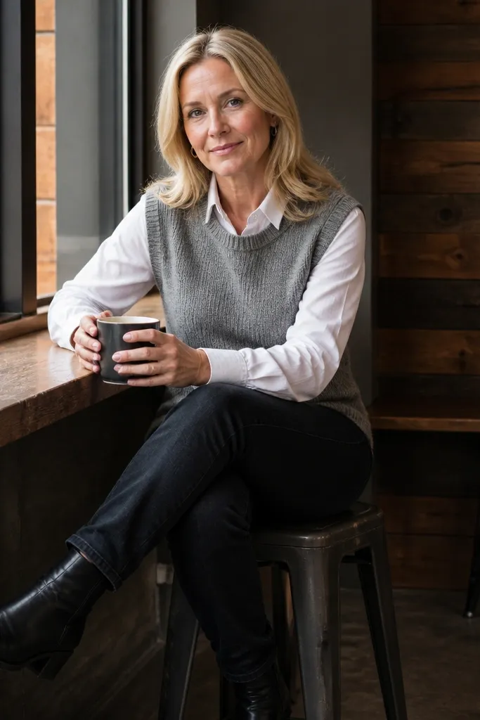 Grey sweater vest over button-down with skinny jeans and ankle boots