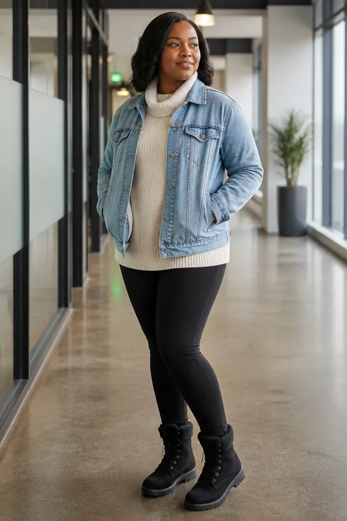 Cream sweater under light denim jacket with thick black leggings and boots