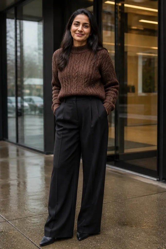 Chocolate sweater with black wide-leg trousers and pointed flats